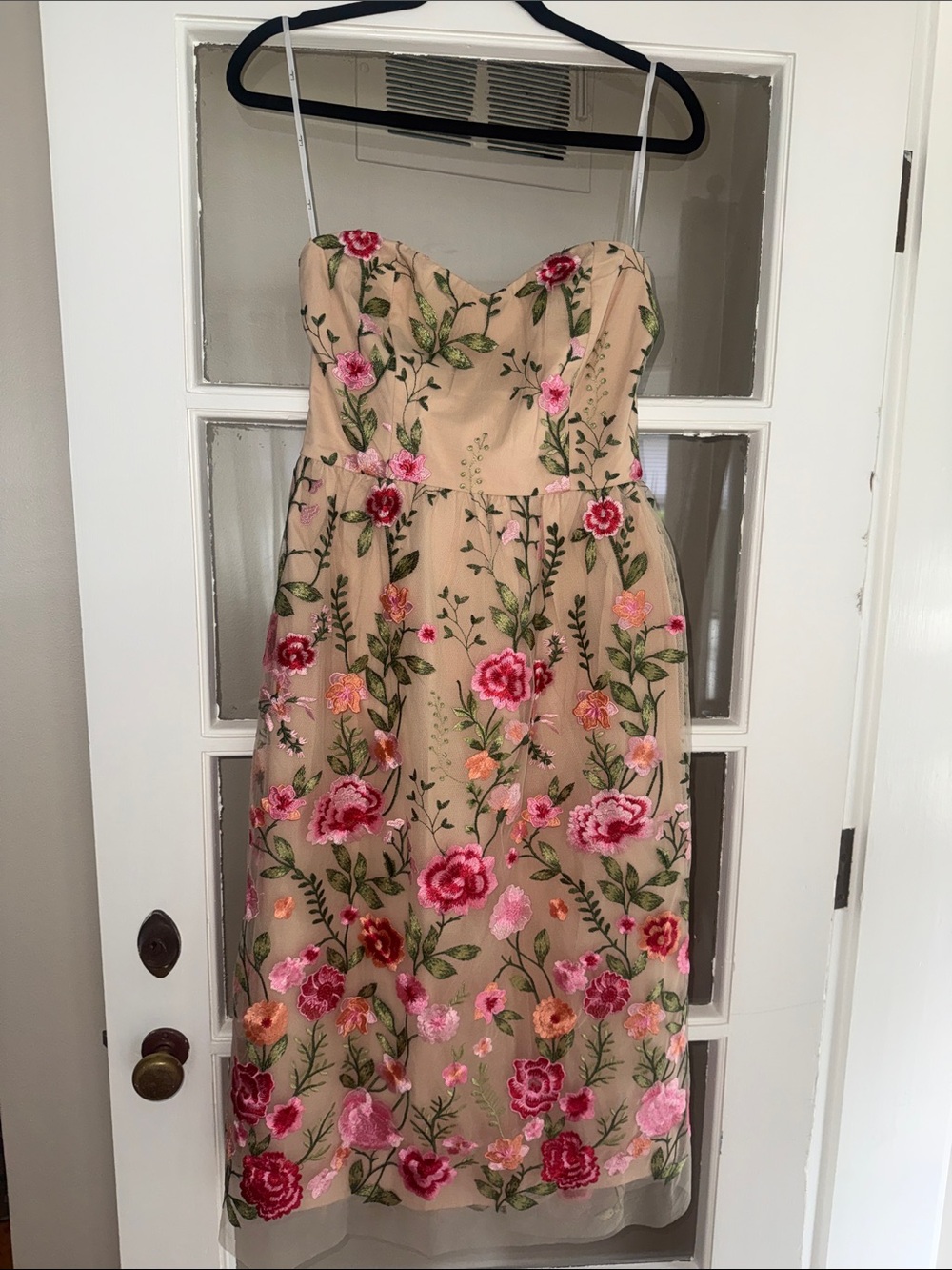 Lulu's Nude Tulle Strapless Dress with Pink & Green Floral Embroidery